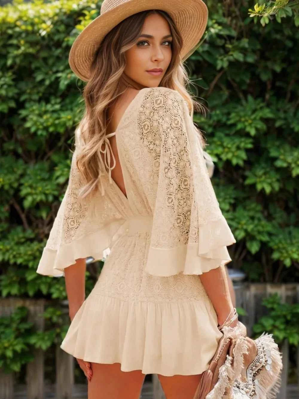 Tie-Back Lace Dress with Ruffled Hem