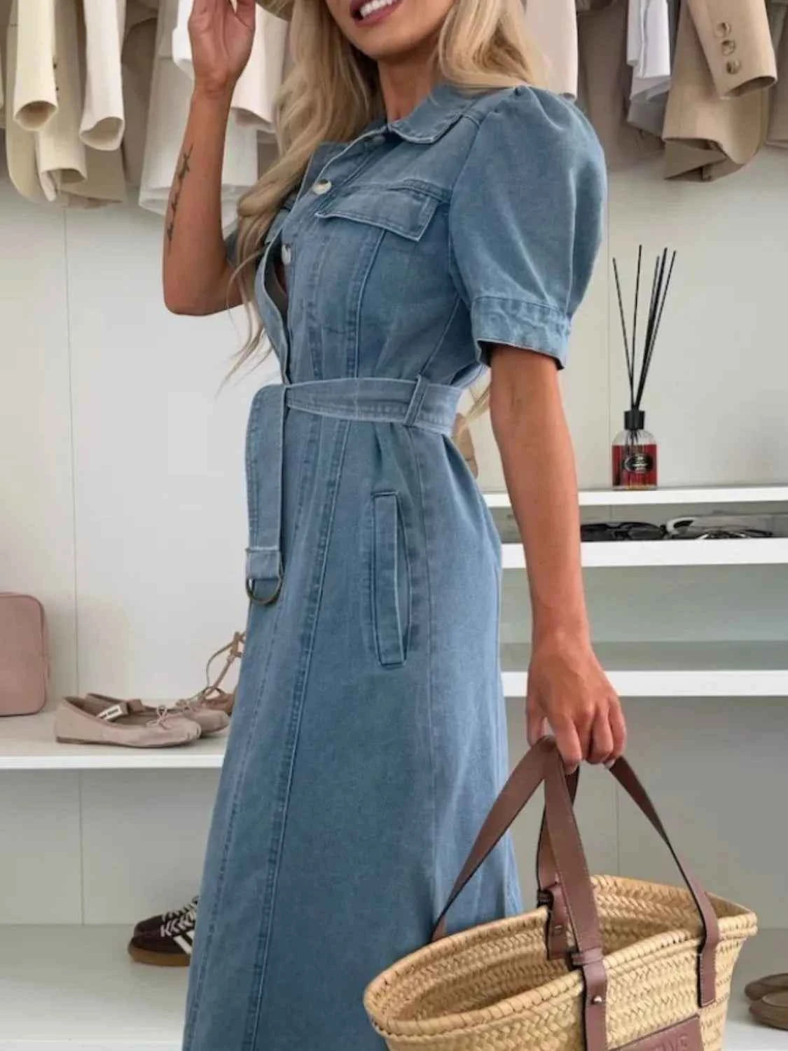 Blue Puff-Sleeve Belted Denim-Look Midi Dress