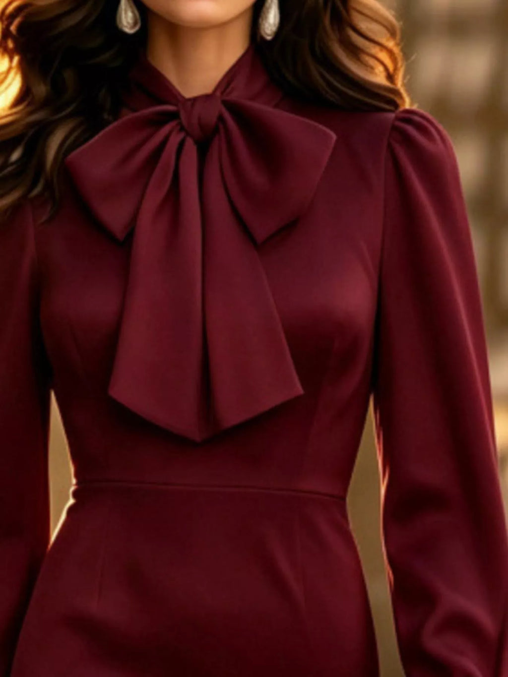 Bow-Neck Long-Sleeve Midi Dress