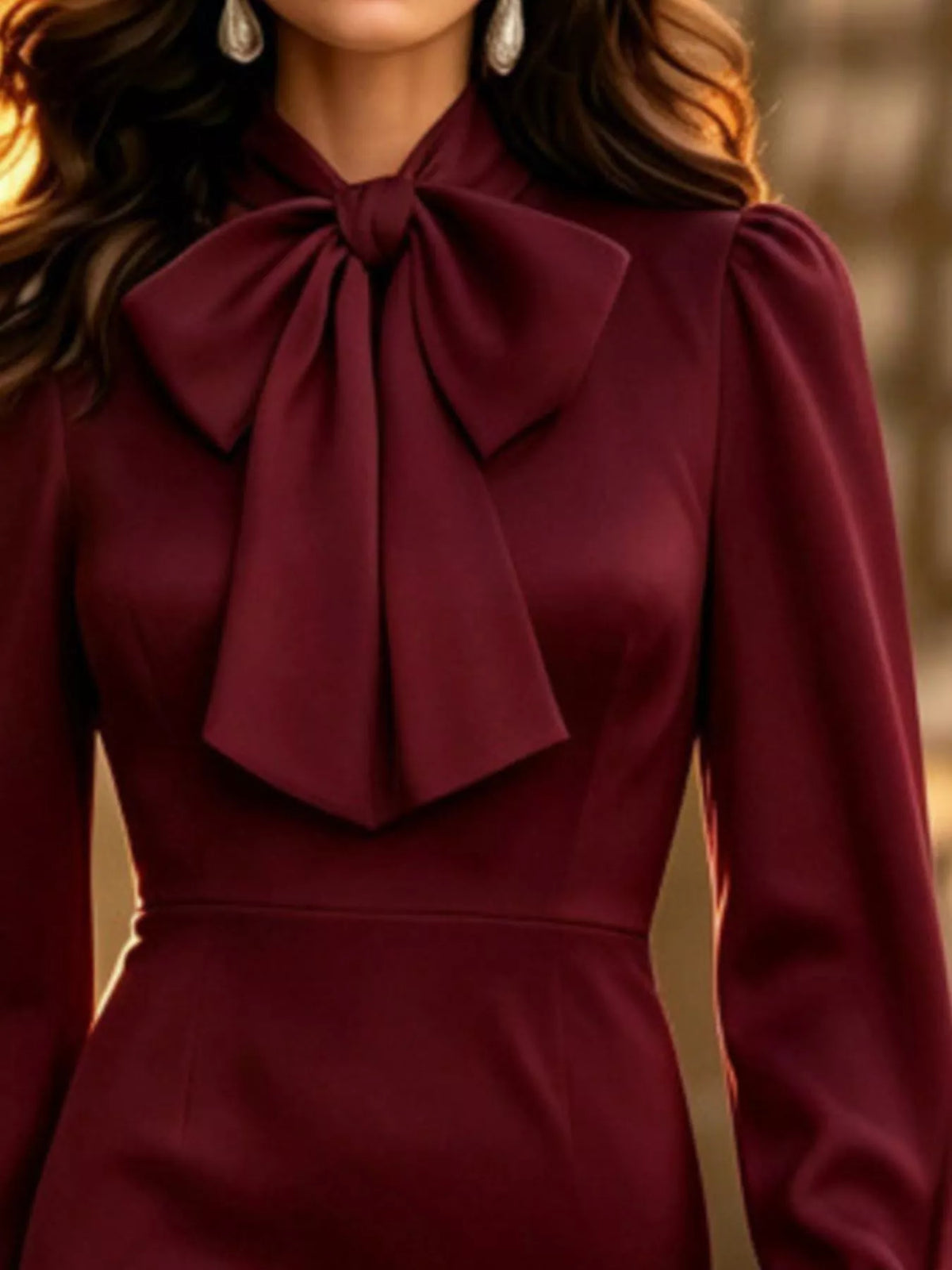 Bow-Neck Long-Sleeve Midi Dress