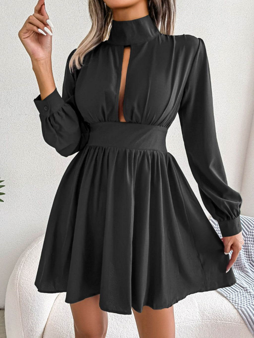 High-Neck Cutout Long-Sleeve A-Line Mini Dress