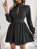 High-Neck Cutout Long-Sleeve A-Line Mini Dress