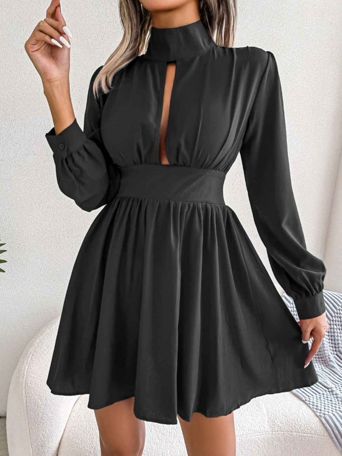 High-Neck Cutout Long-Sleeve A-Line Mini Dress