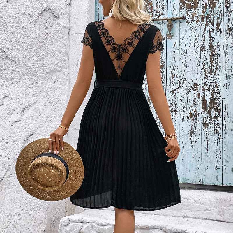 Black V-Neck Tie-Waist Pleated Dress