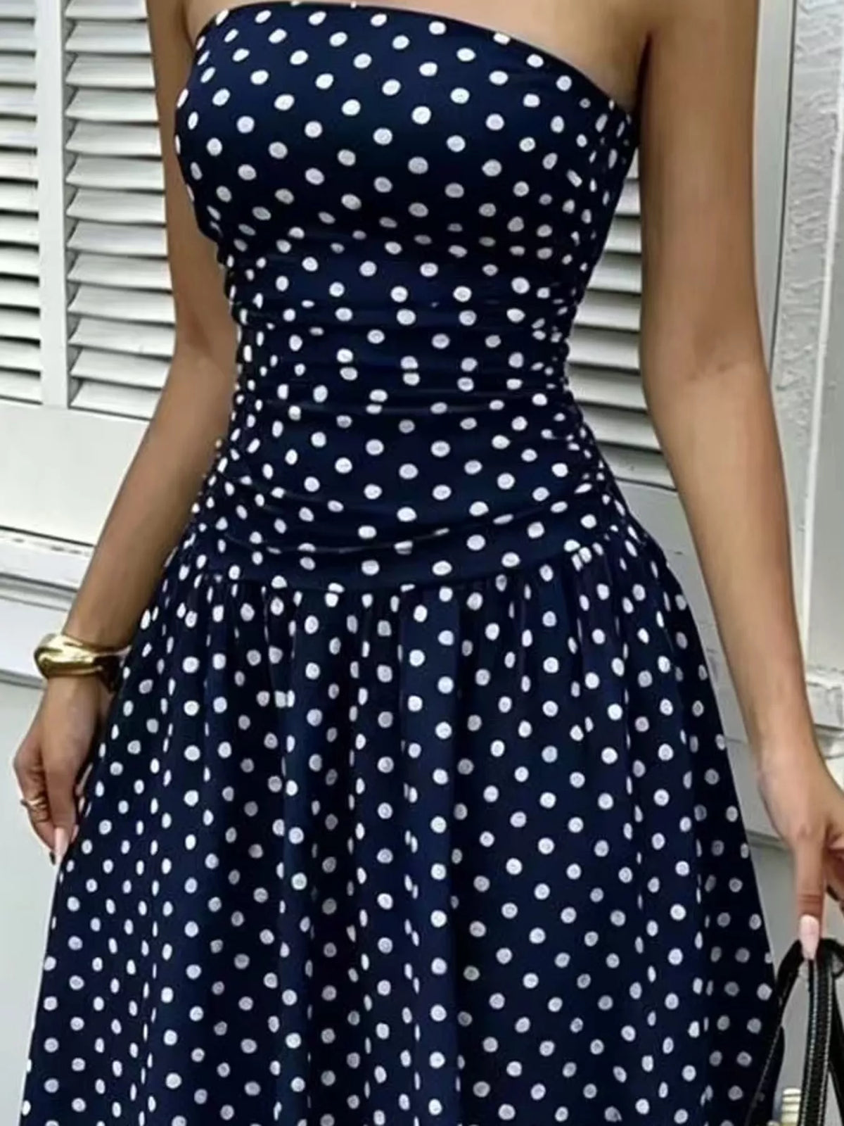 Strapless Polka-Dot Ruched Maxi Dress, S–2XL