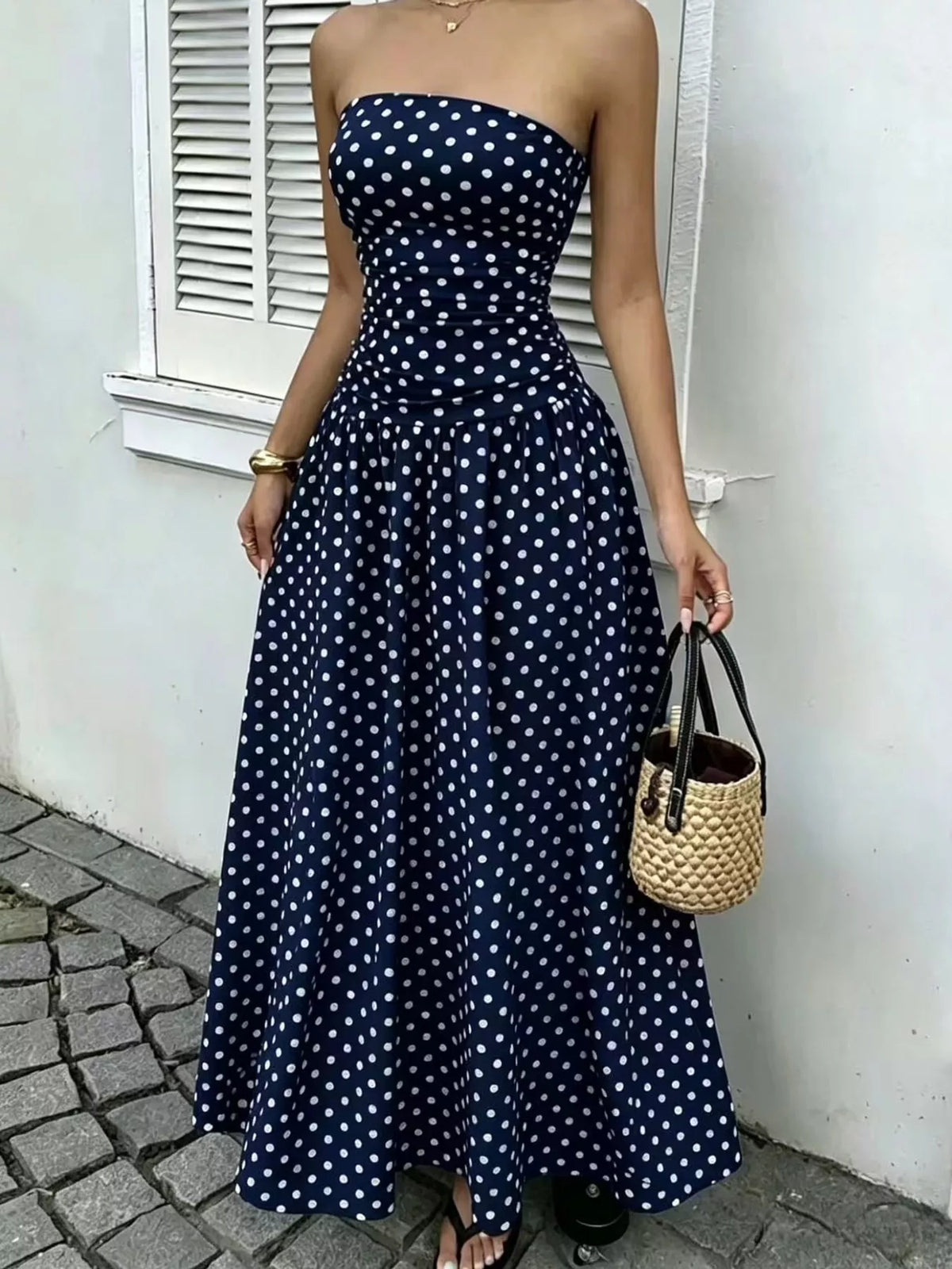 Strapless Polka-Dot Ruched Maxi Dress, S–2XL