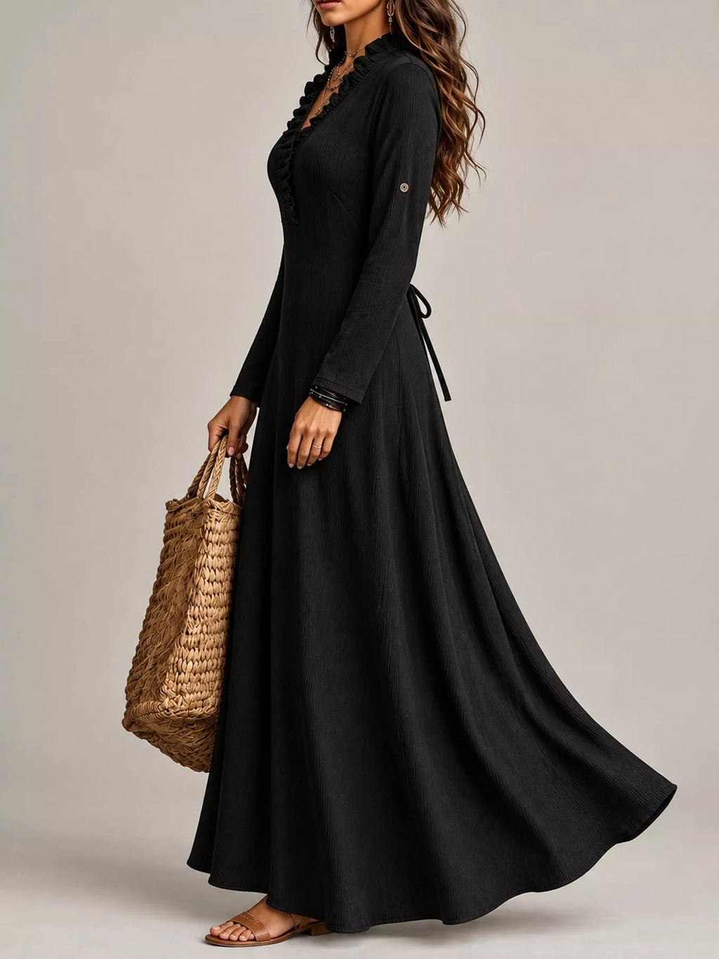 Frill V-Neck Roll-Tab Sleeve Maxi Dress, XS–3XL