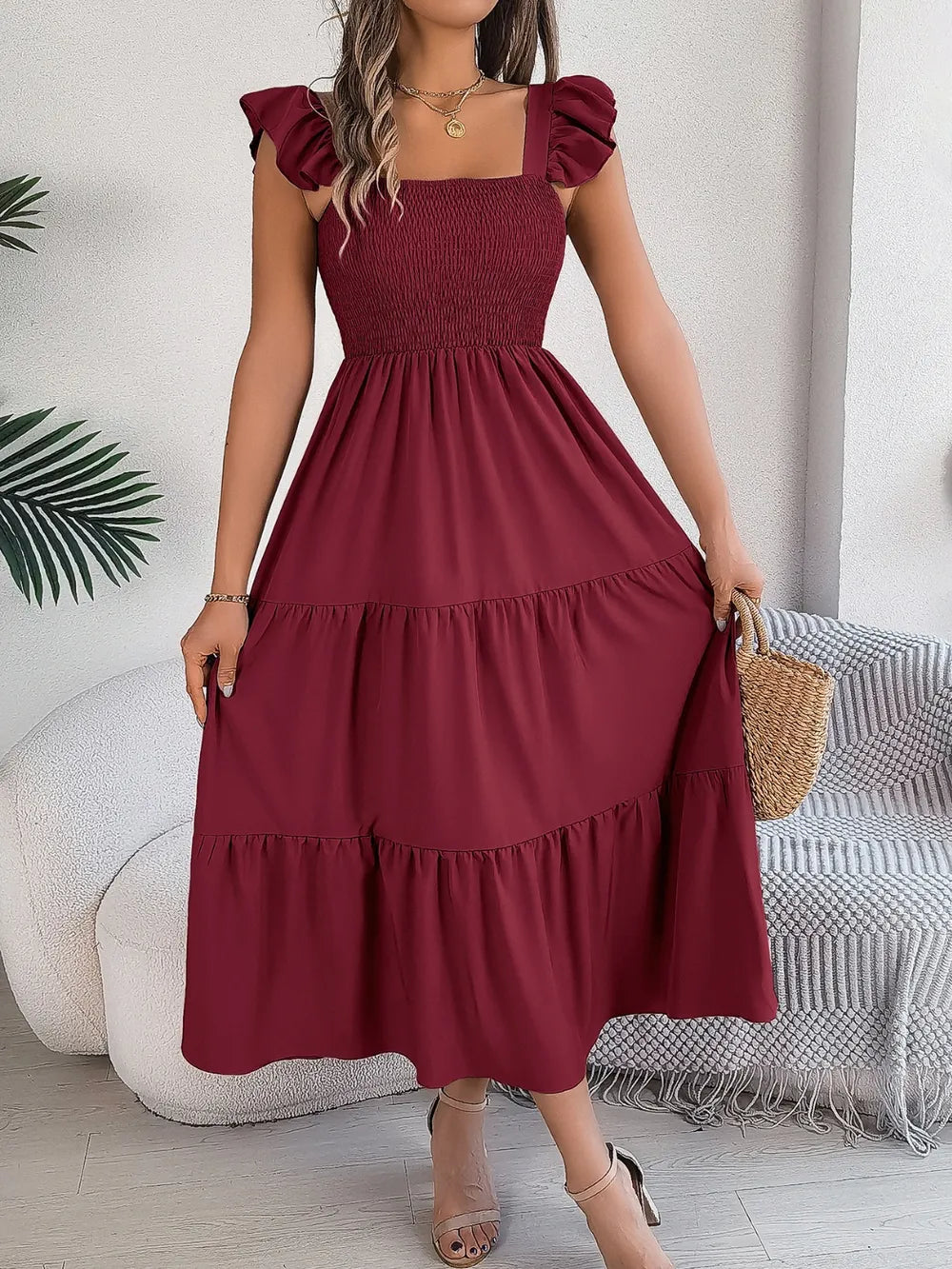 Smocked Square-Neck Cap-Sleeve Midi Dress