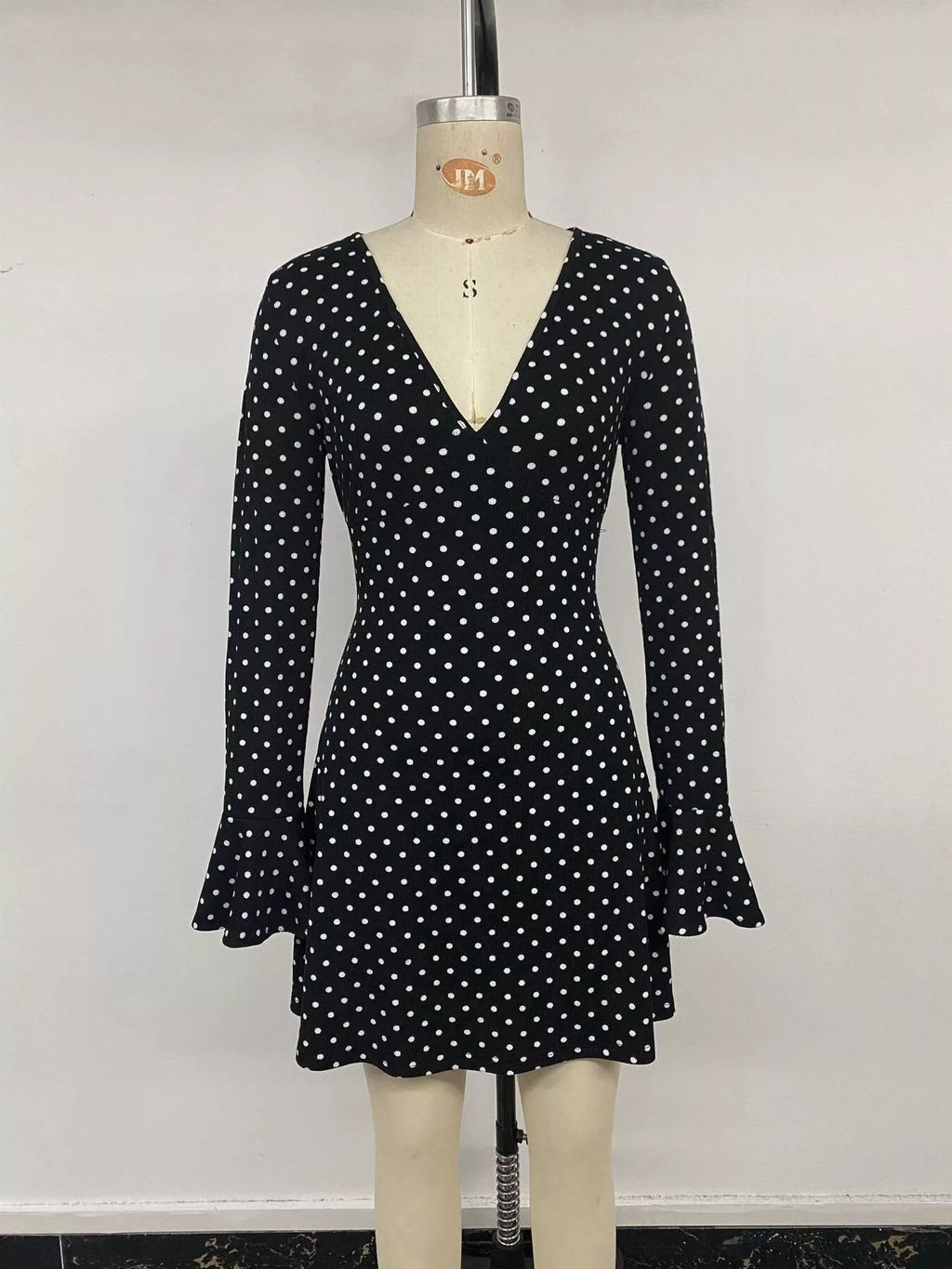 Black Polka-Dot V-Neck Tie-Back Mini Dress