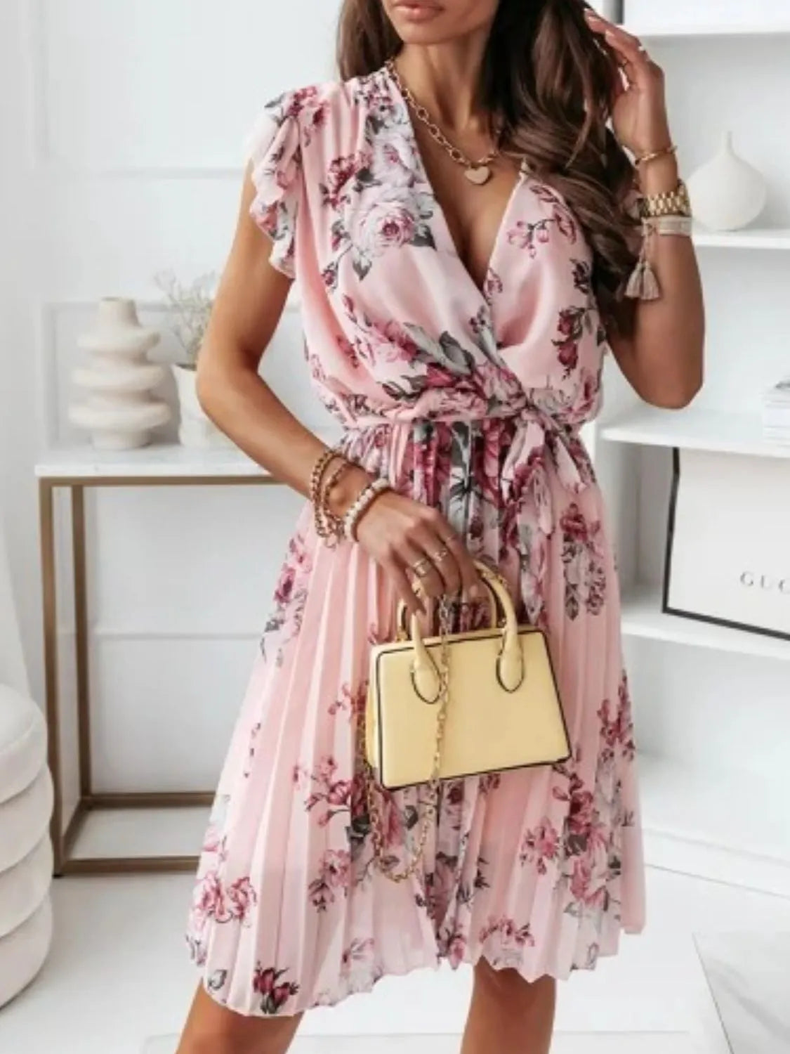 Floral Surplice Tie-Waist Ruffle-Cap-Sleeve Dress