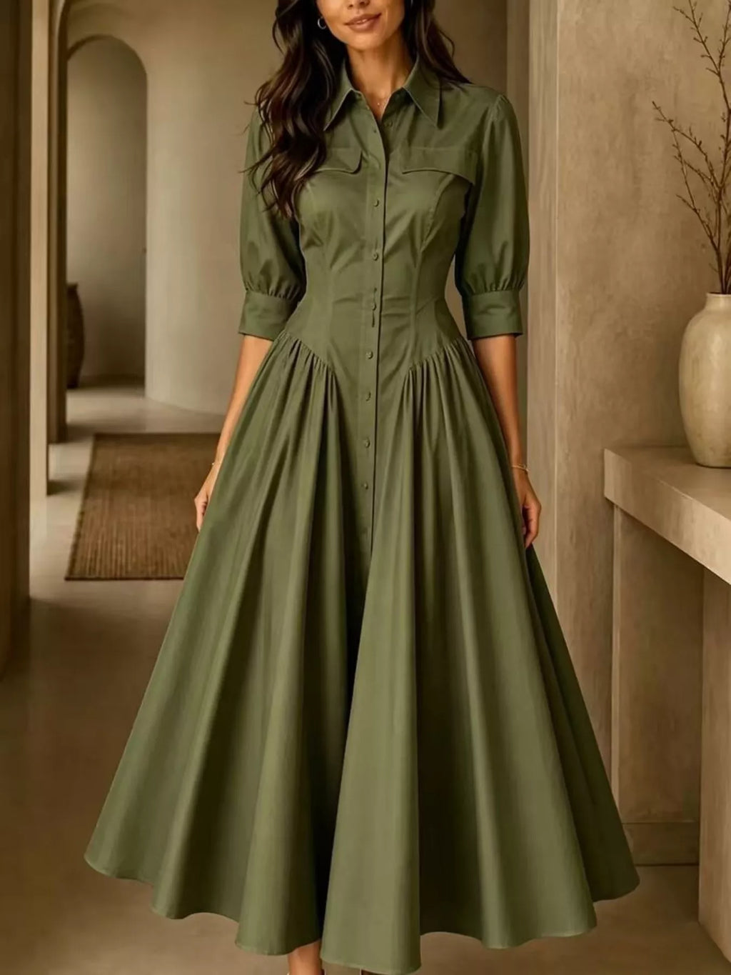 Collared Cinched-Waist Button-Front Midi Dress