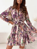 Floral Long-Sleeve Tie-Waist Ruffle-Hem Mini Dress