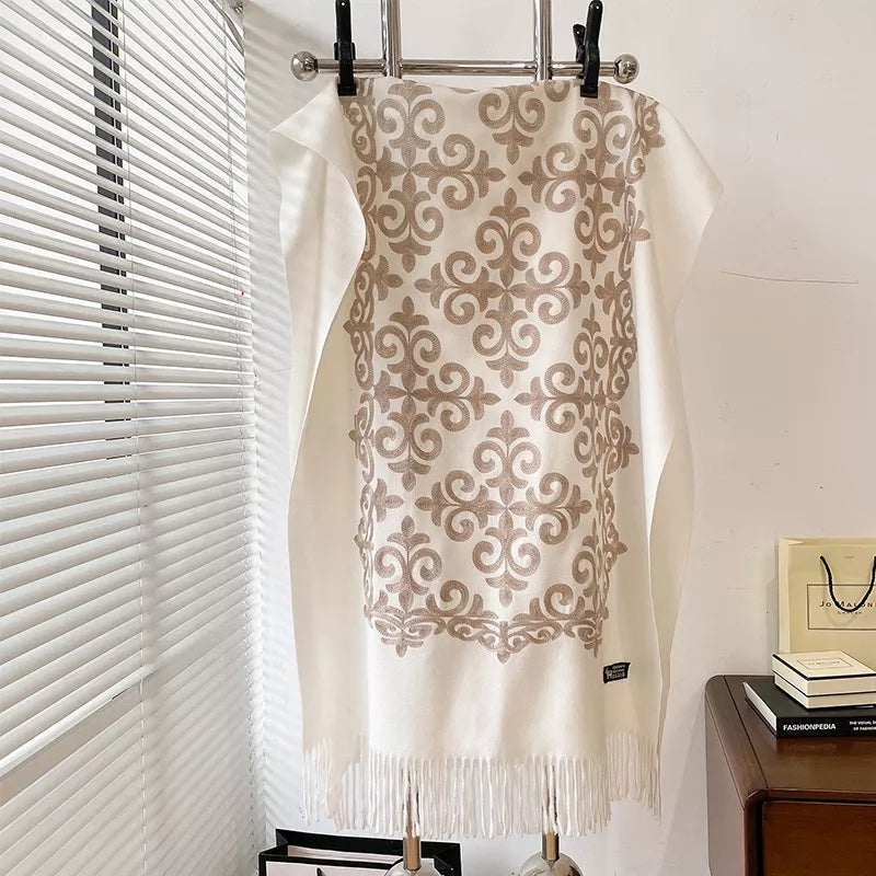 Boho Scroll-Pattern Fringe Scarf