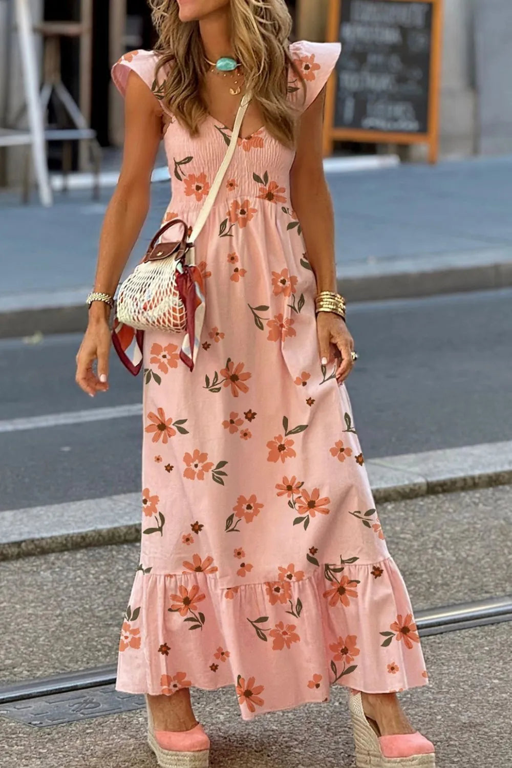Floral Smocked Ruffle-Cap-Sleeve Maxi Dress