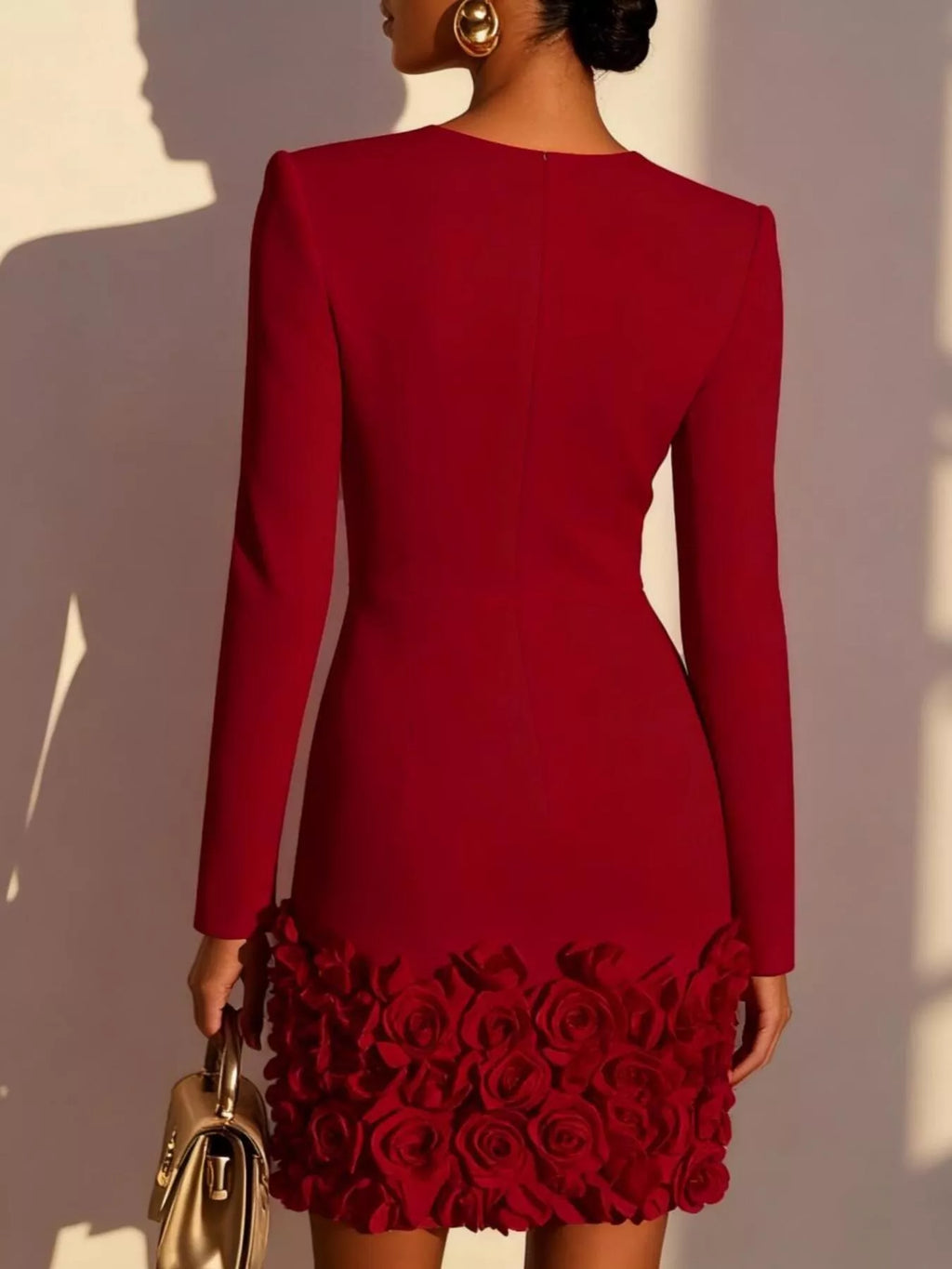 V-Neck Long-Sleeve Mini Dress with 3D Rose Hem