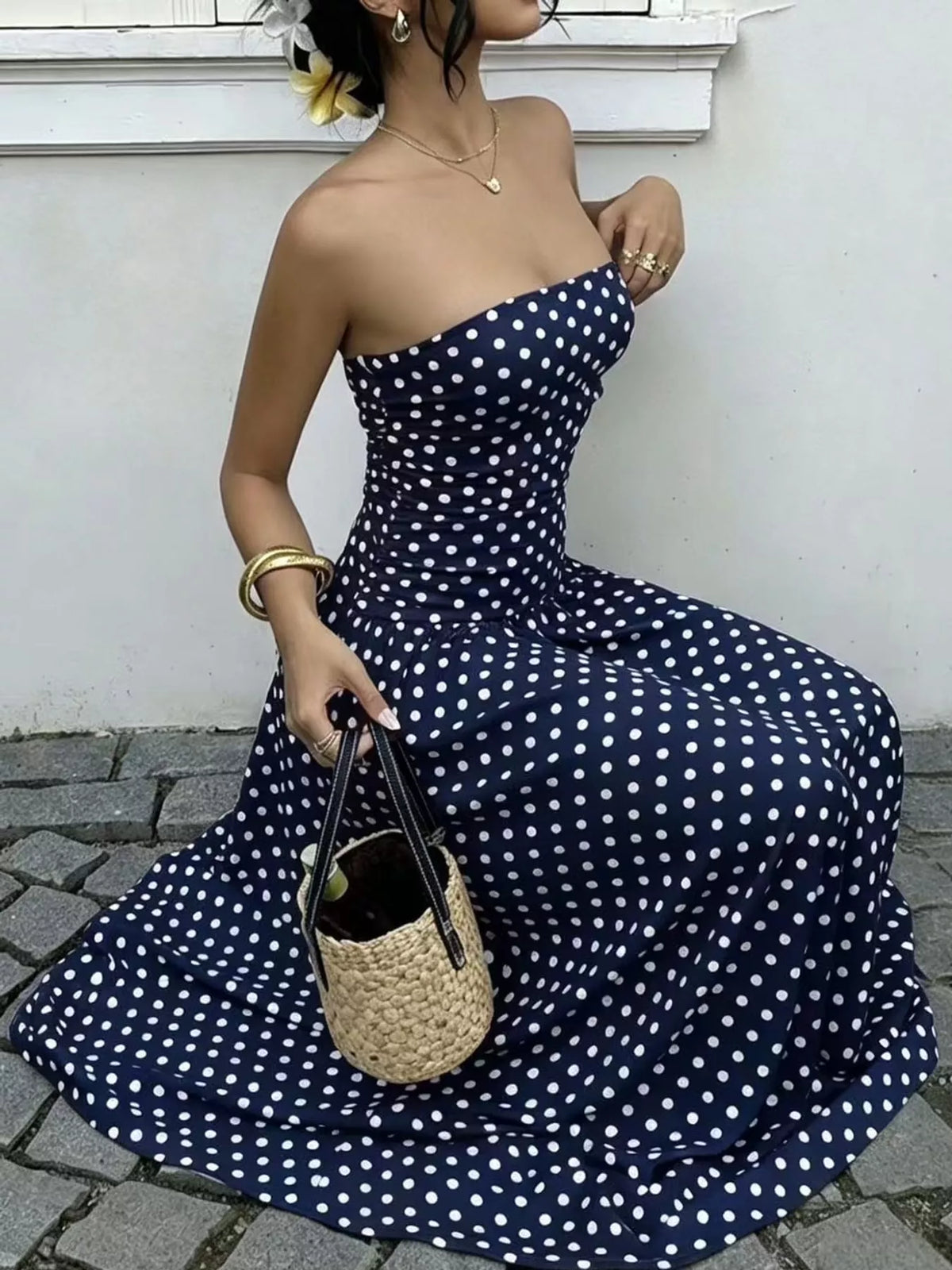 Strapless Polka-Dot Ruched Maxi Dress, S–2XL