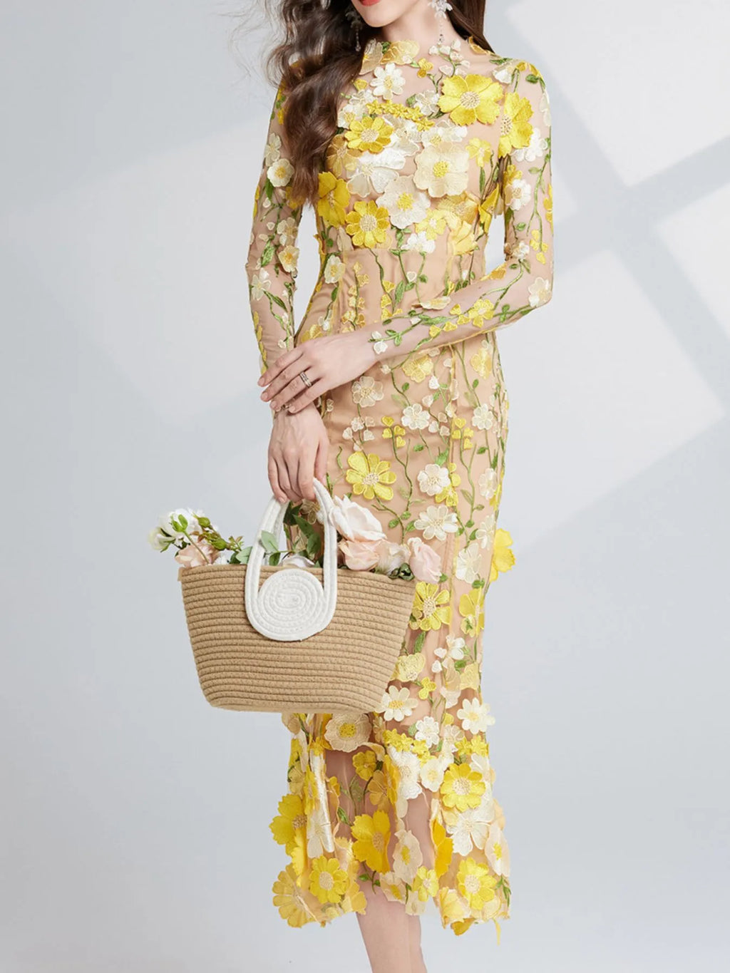 Floral-Embroidered Mesh Long-Sleeve Midi Dress