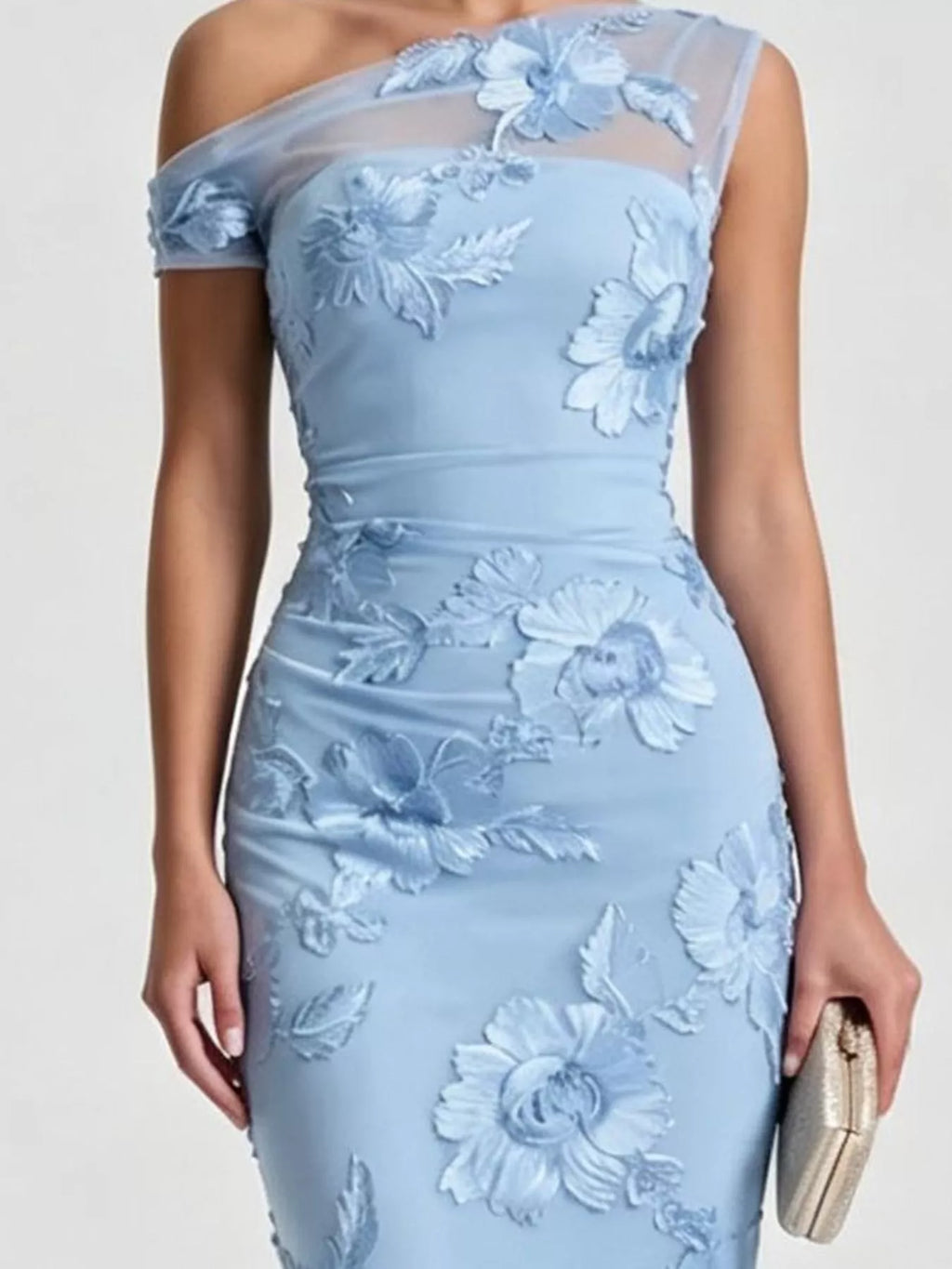One-Shoulder Floral Embroidered Maxi Dress
