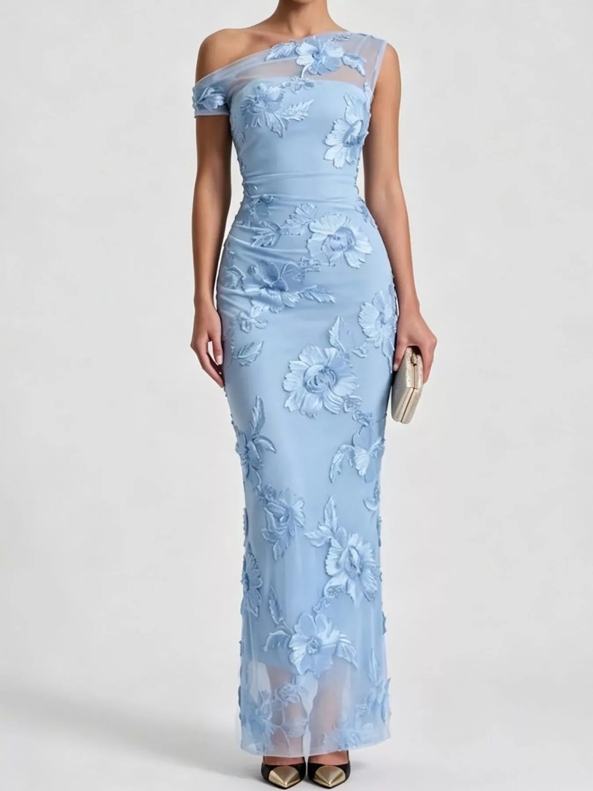 One-Shoulder Floral Embroidered Maxi Dress