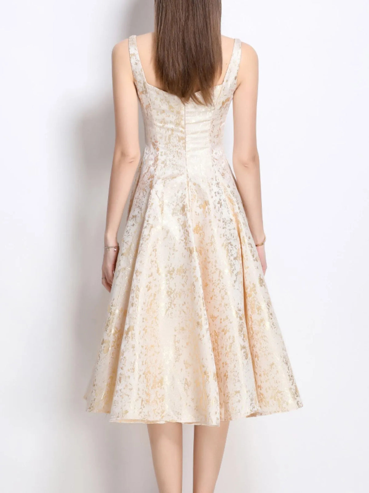 Apricot Floral Sleeveless A-Line Midi Dress