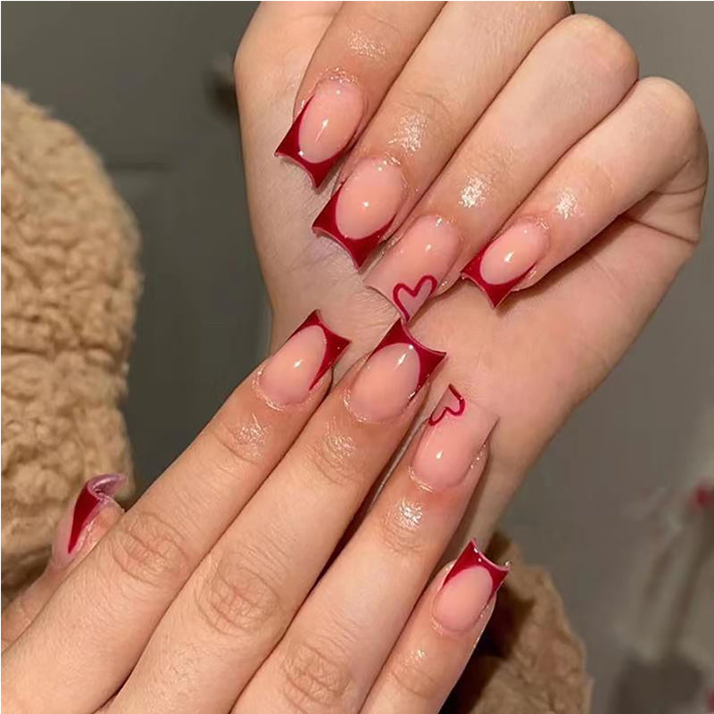 24 PCS Press On Nails – Wine Red Heart French Tip, Medium Square, Gel Acrylic — Prime Trend Market