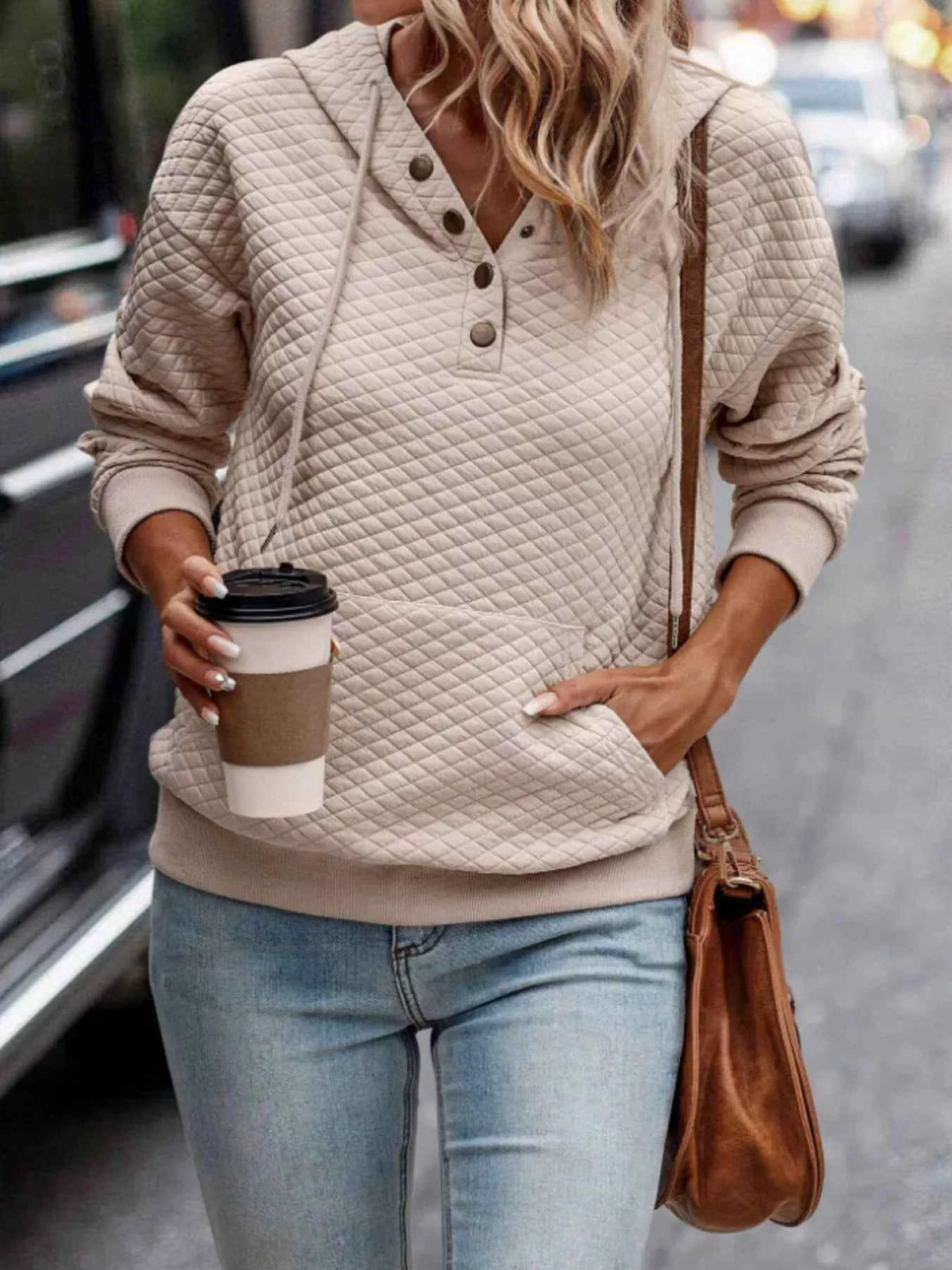 Textured Drawstring Hoodie with Dropped Shoulders