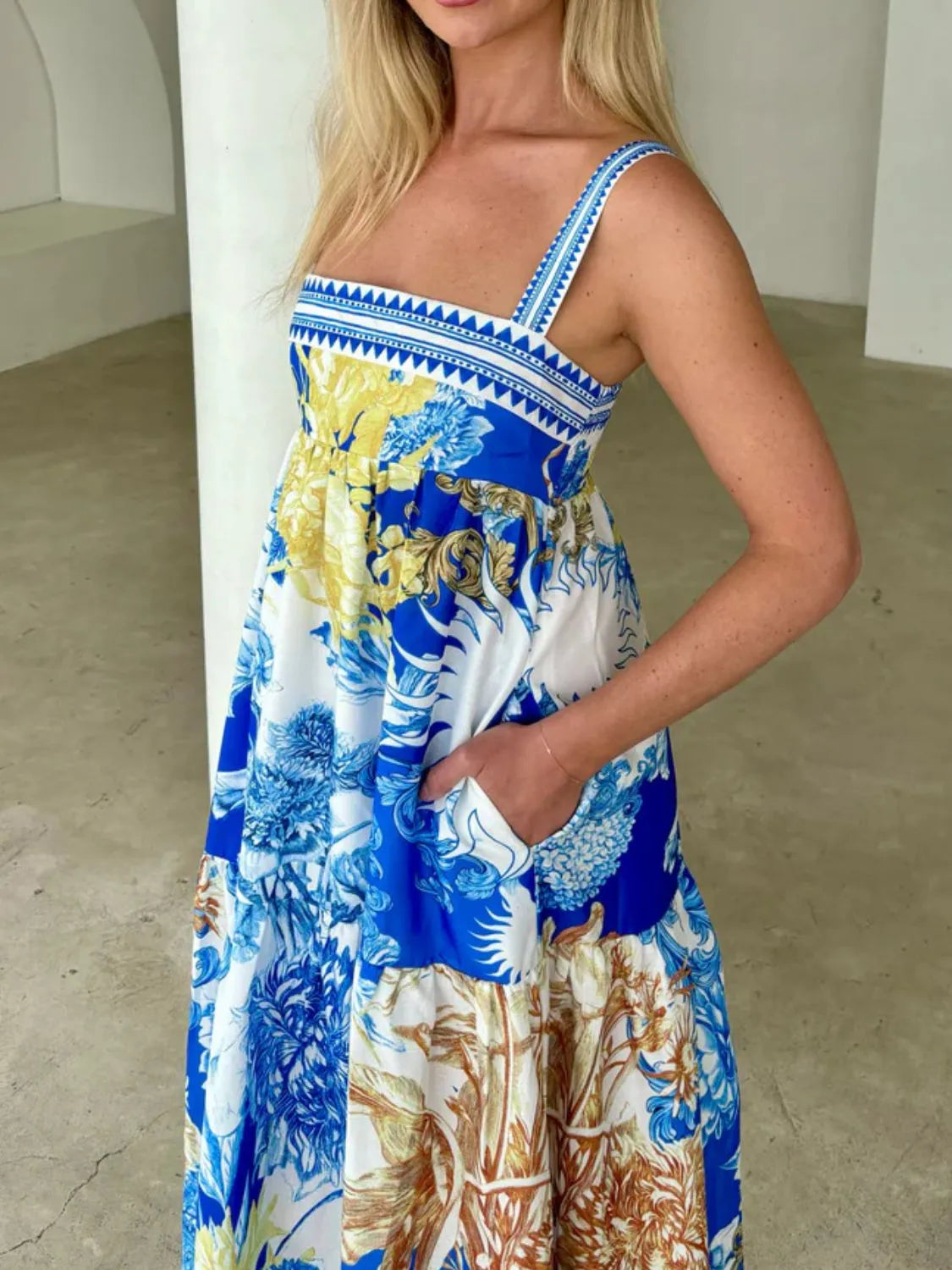 Blue Printed Sleeveless Cami Maxi Dress with Pockets