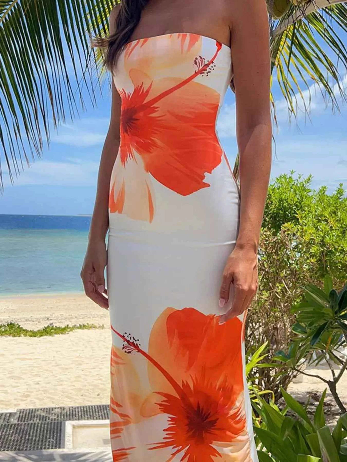 Orange Floral Strapless Bodycon Maxi Dress