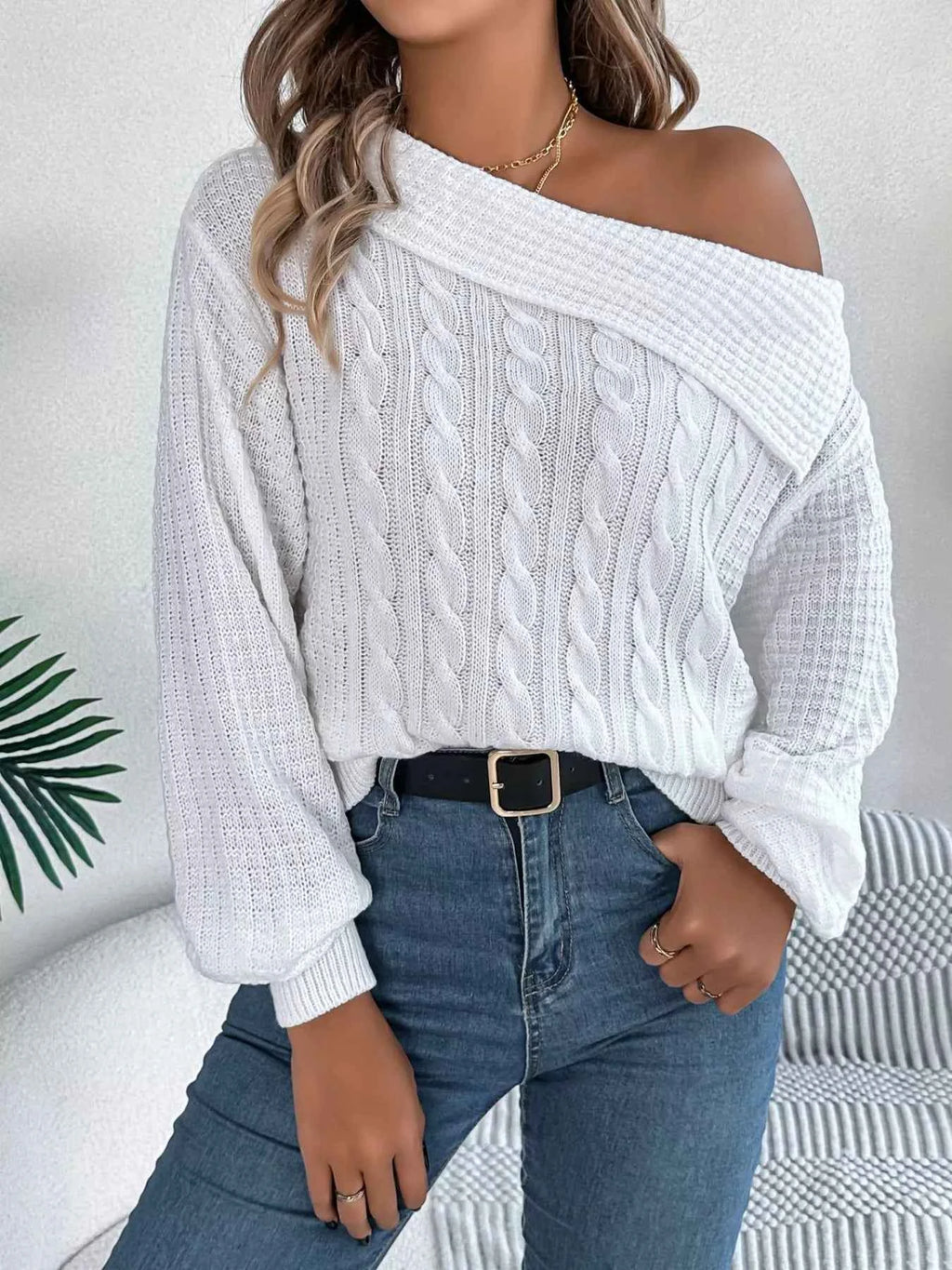Off-Shoulder Cable-Knit Sweater