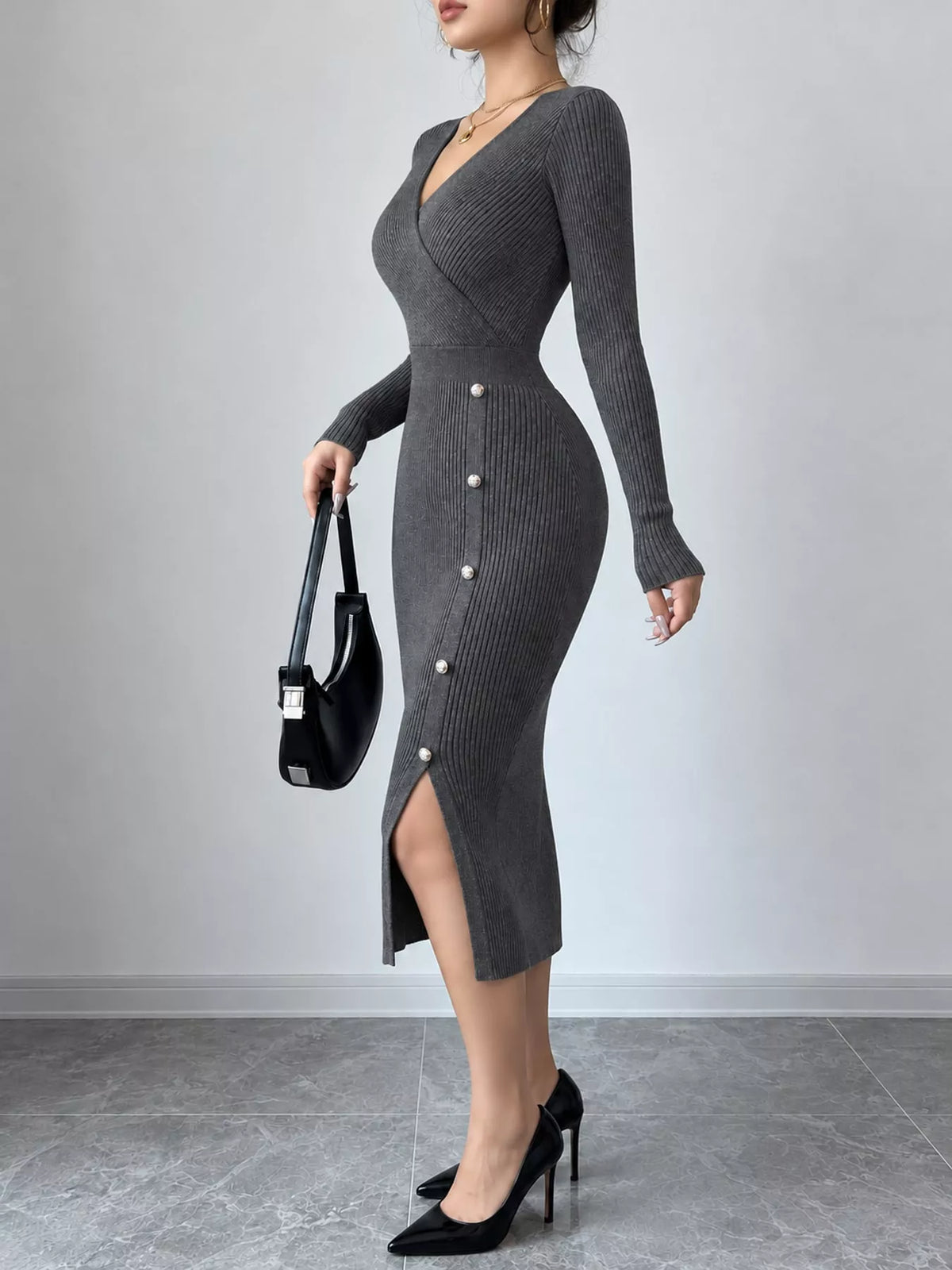 Ribbed Knit Sweater Dress with Decorative Buttons