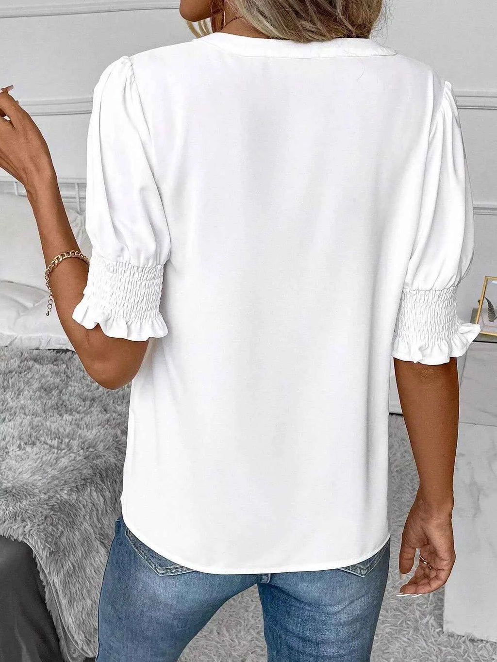 Notched-Neck Half-Sleeve Blouse