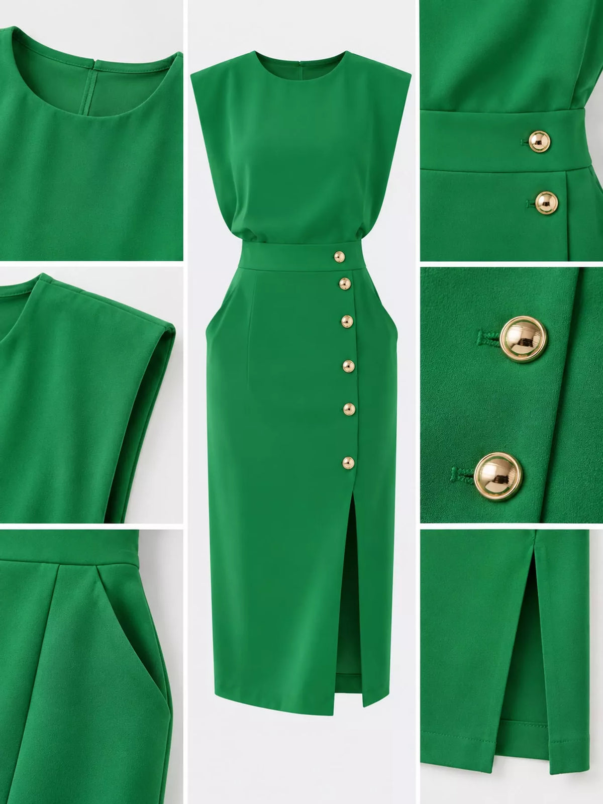 Sleeveless Gold-Tone Button-Detail Midi Dress