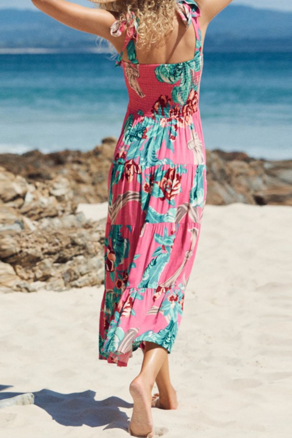 Floral Smocked Tie-Shoulder Tiered Midi Dress