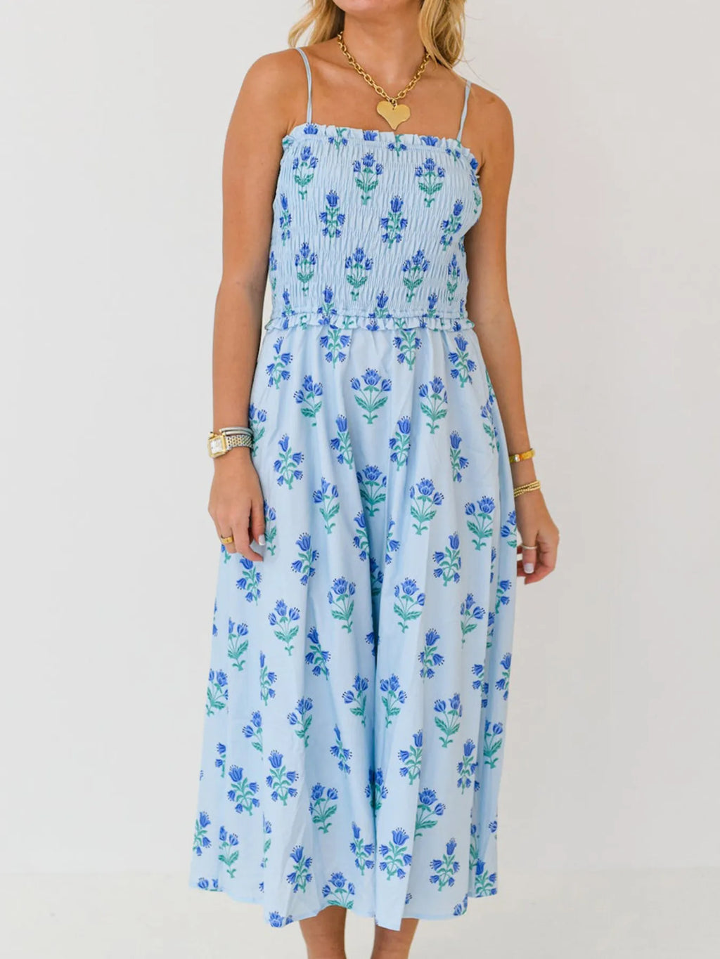 Floral Smocked Adjustable-Strap Midi Dress