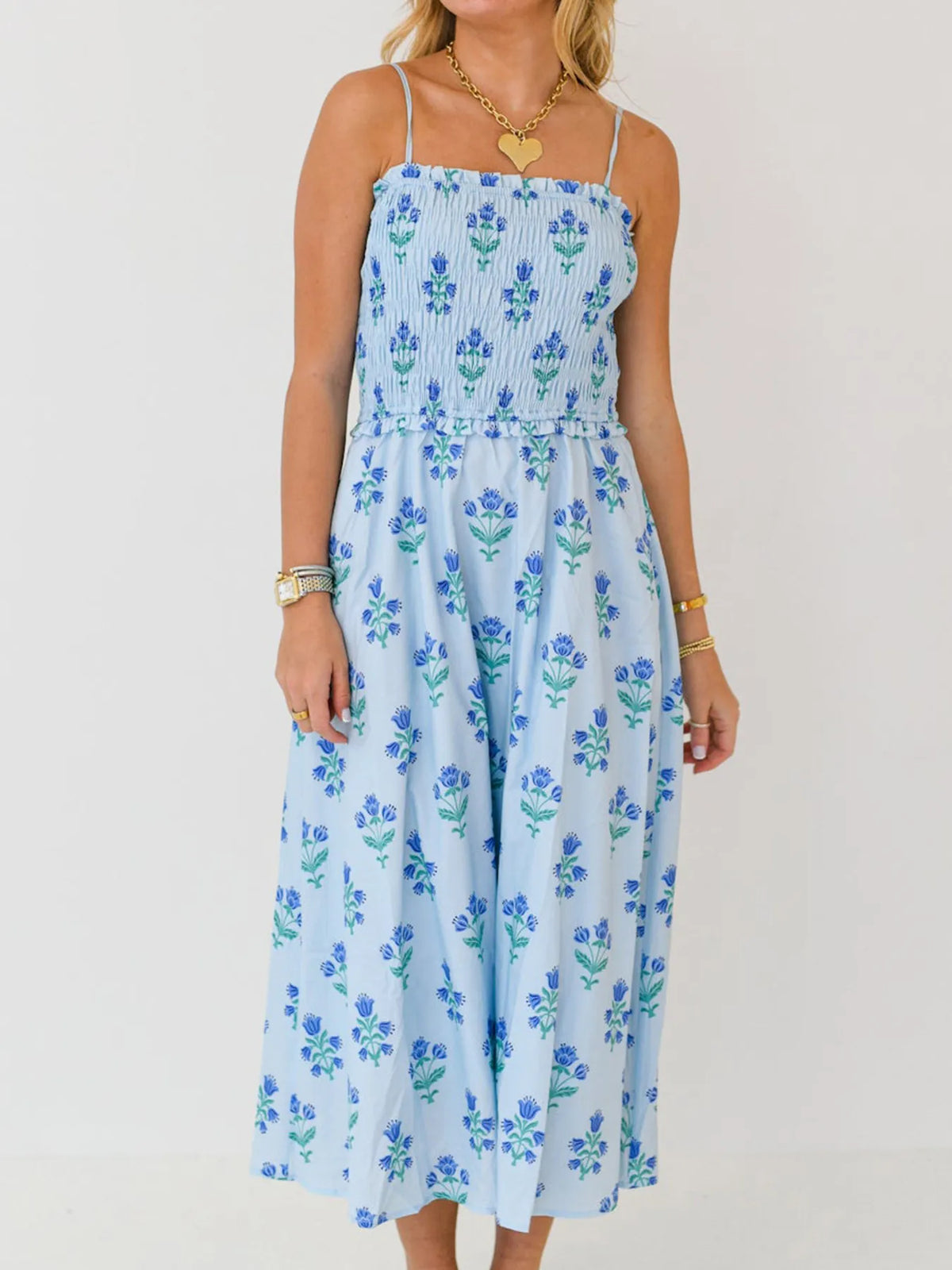 Floral Smocked Adjustable-Strap Midi Dress