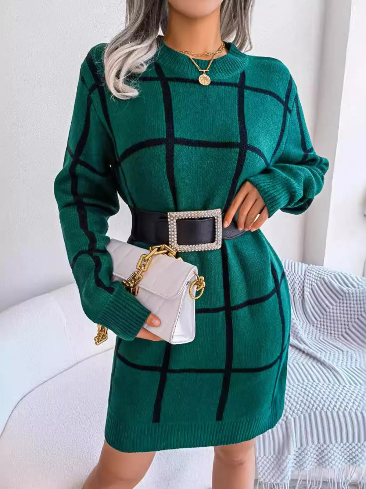 Windowpane Plaid Round-Neck Sweater Mini Dress