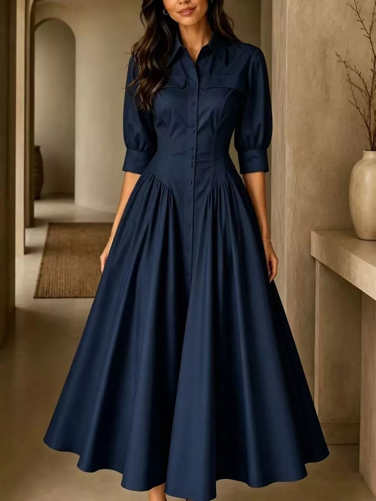 Collared Cinched-Waist Button-Front Midi Dress