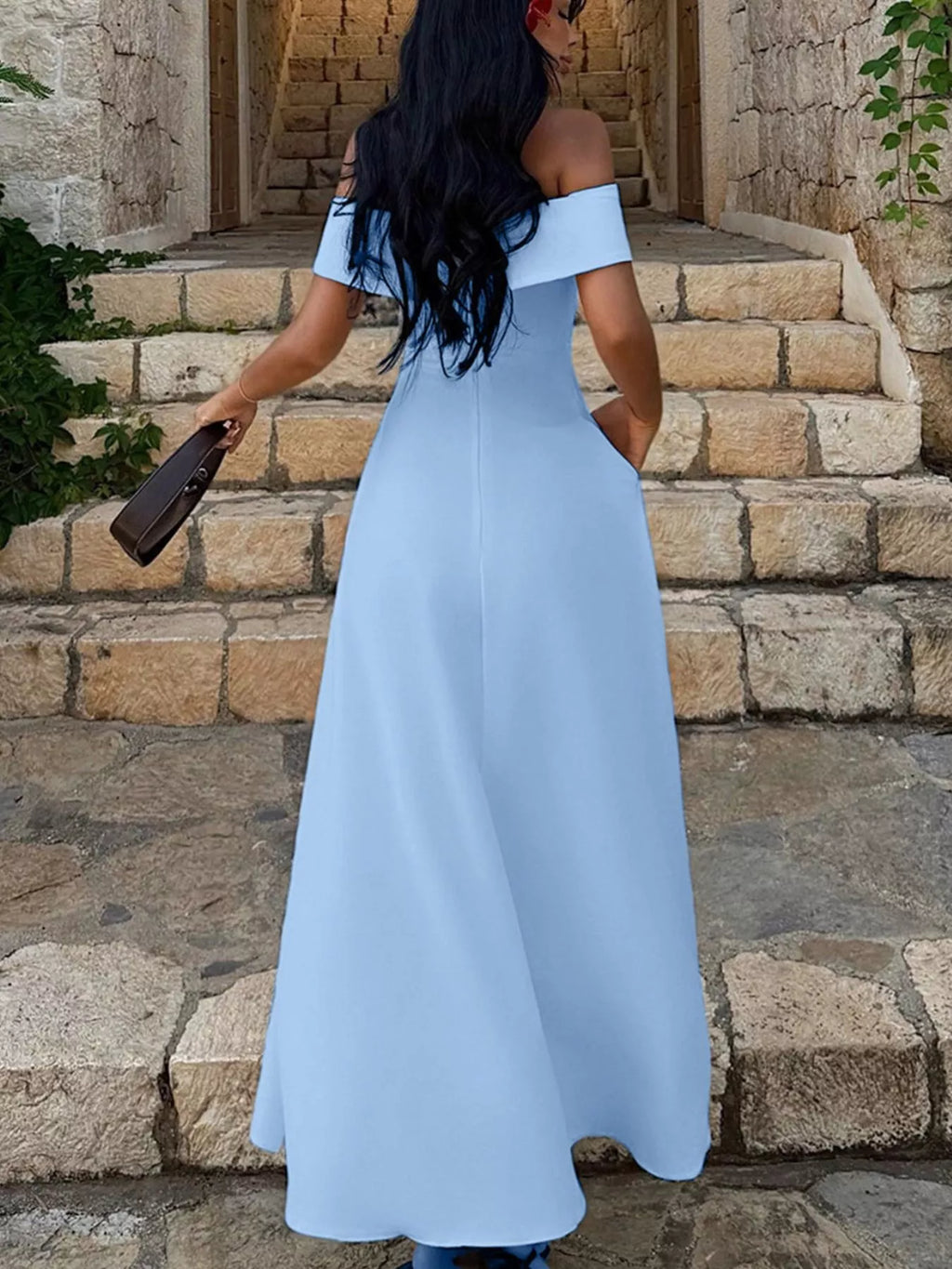 Burgundy Off-Shoulder A-Line Maxi Dress with Pockets