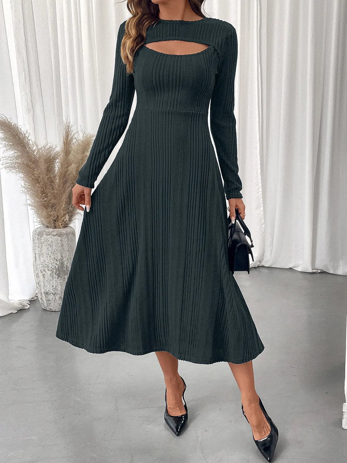 Ribbed Knit Chest-Cutout Long-Sleeve Midi Dress