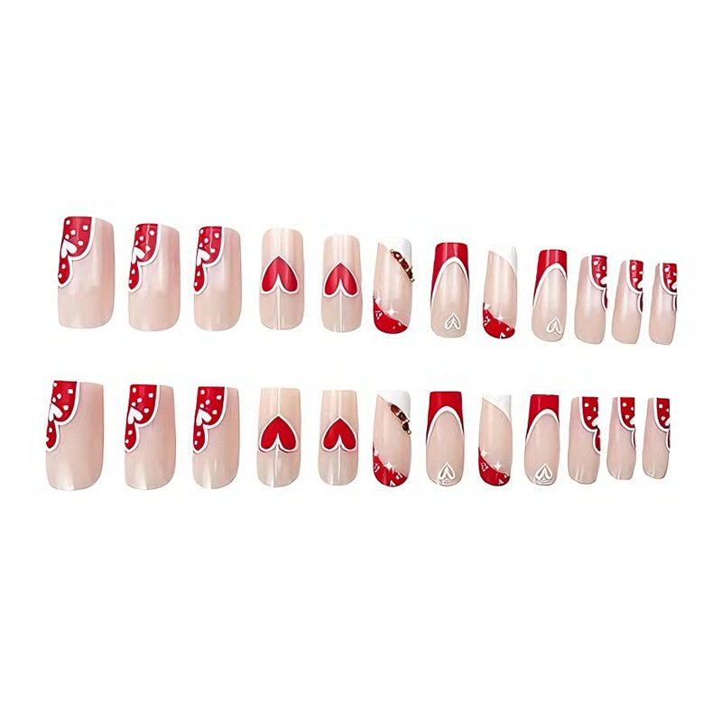 Red & White Heart Press-On Nails – 24 PCS Long Square Head | Valentine's Day Romantic Nail Art — Prime Trend Market
