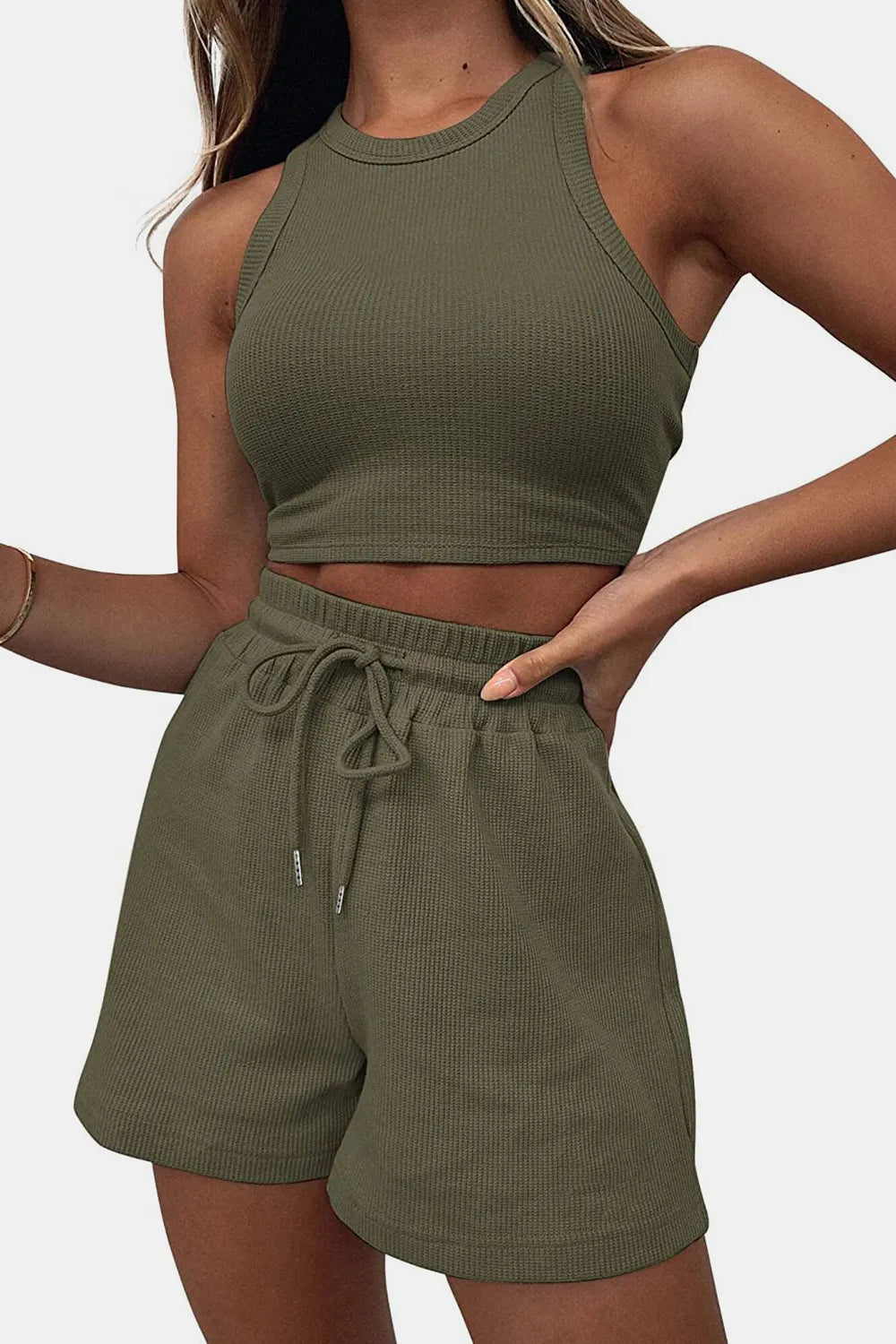 Round-Neck Crop Top & Drawstring Shorts Set