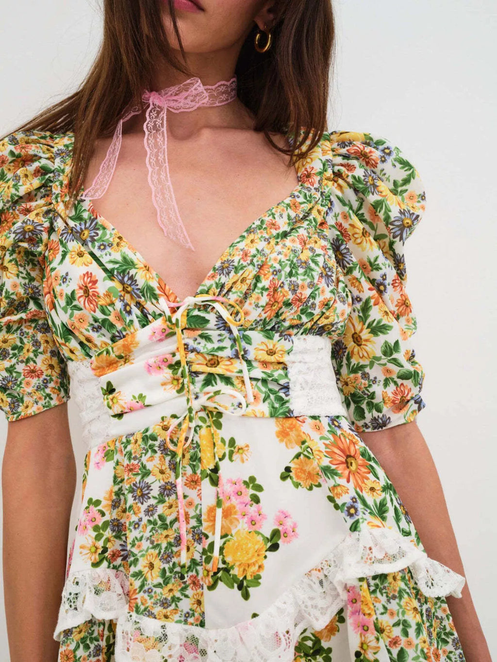 Ruffled Floral-Print Half-Sleeve Dress