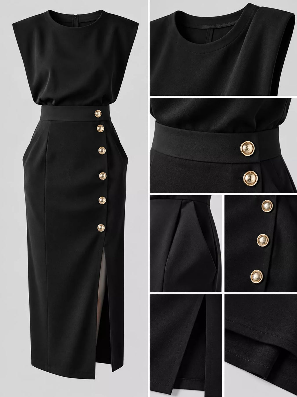 Sleeveless Gold-Tone Button-Detail Midi Dress