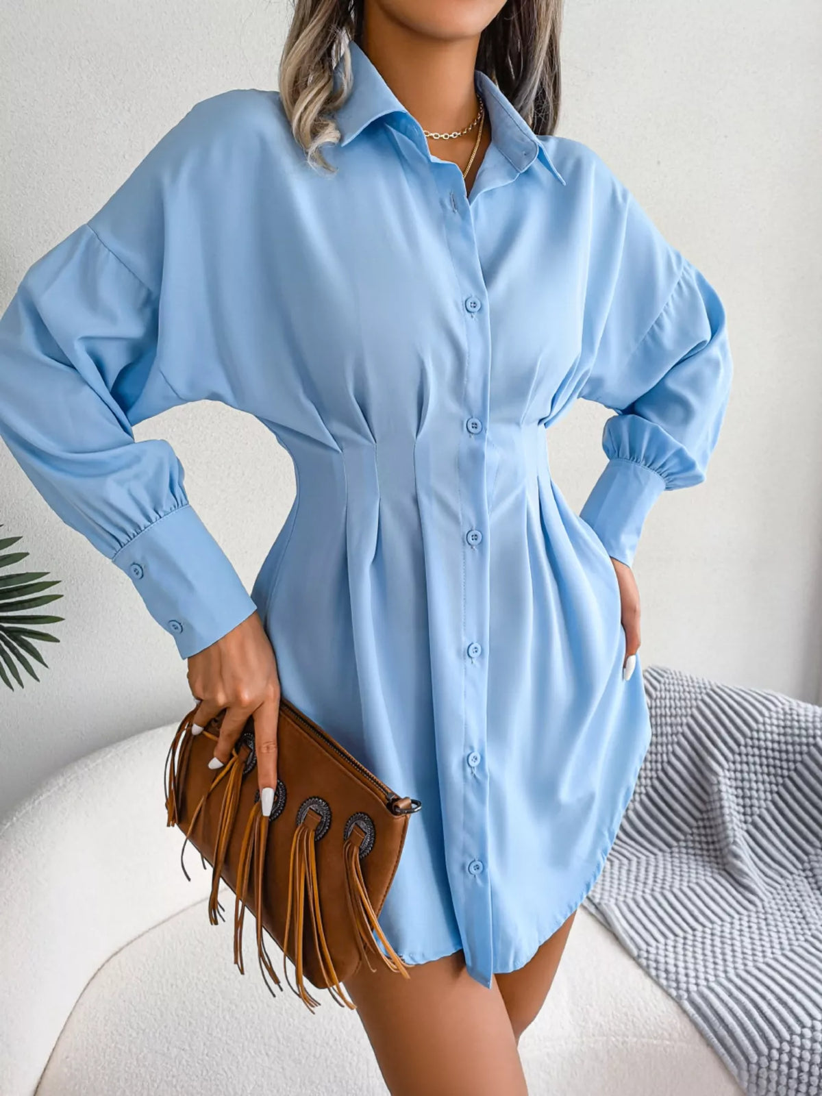 Button-Down Cinched-Waist Mini Shirt Dress