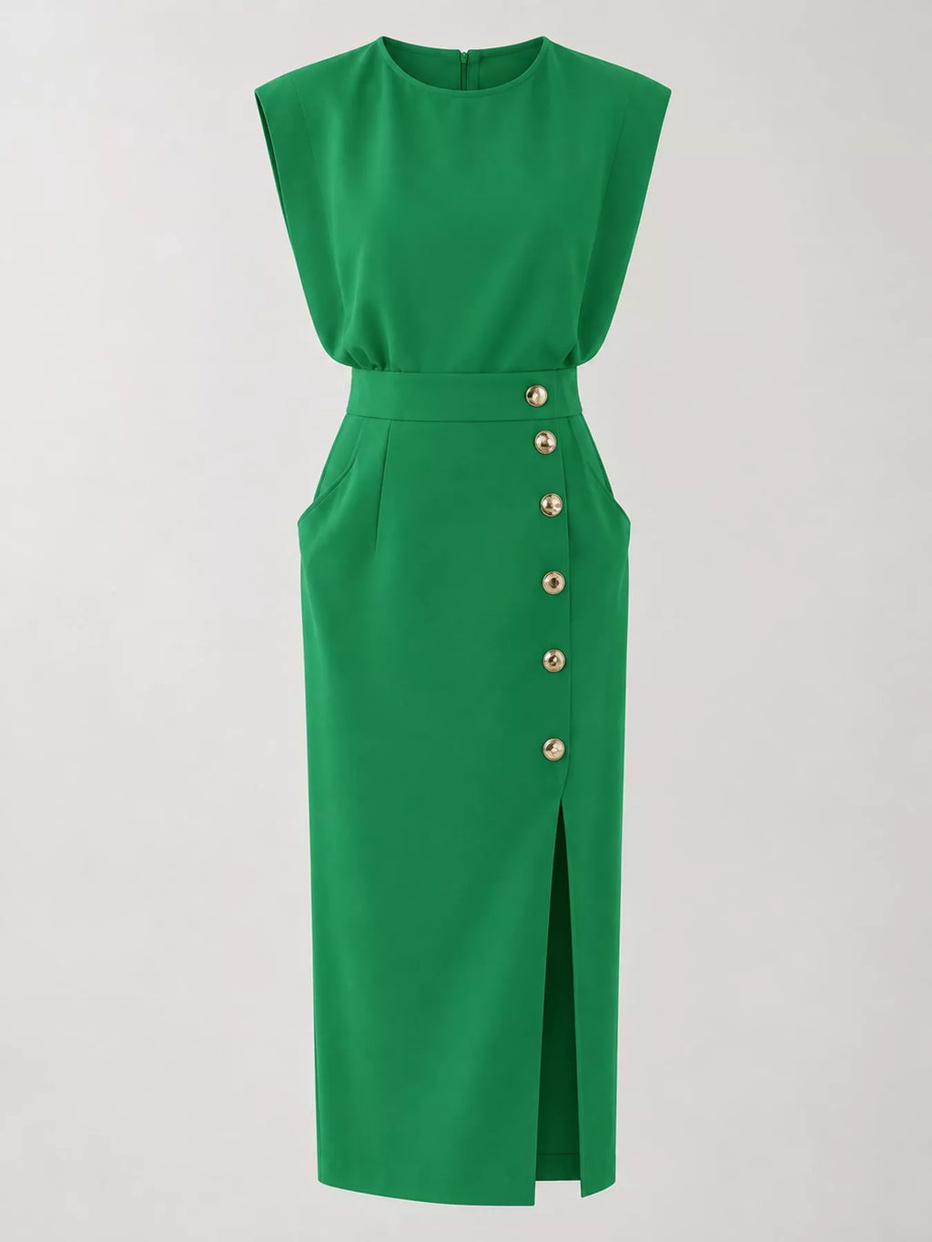 Sleeveless Gold-Tone Button-Detail Midi Dress