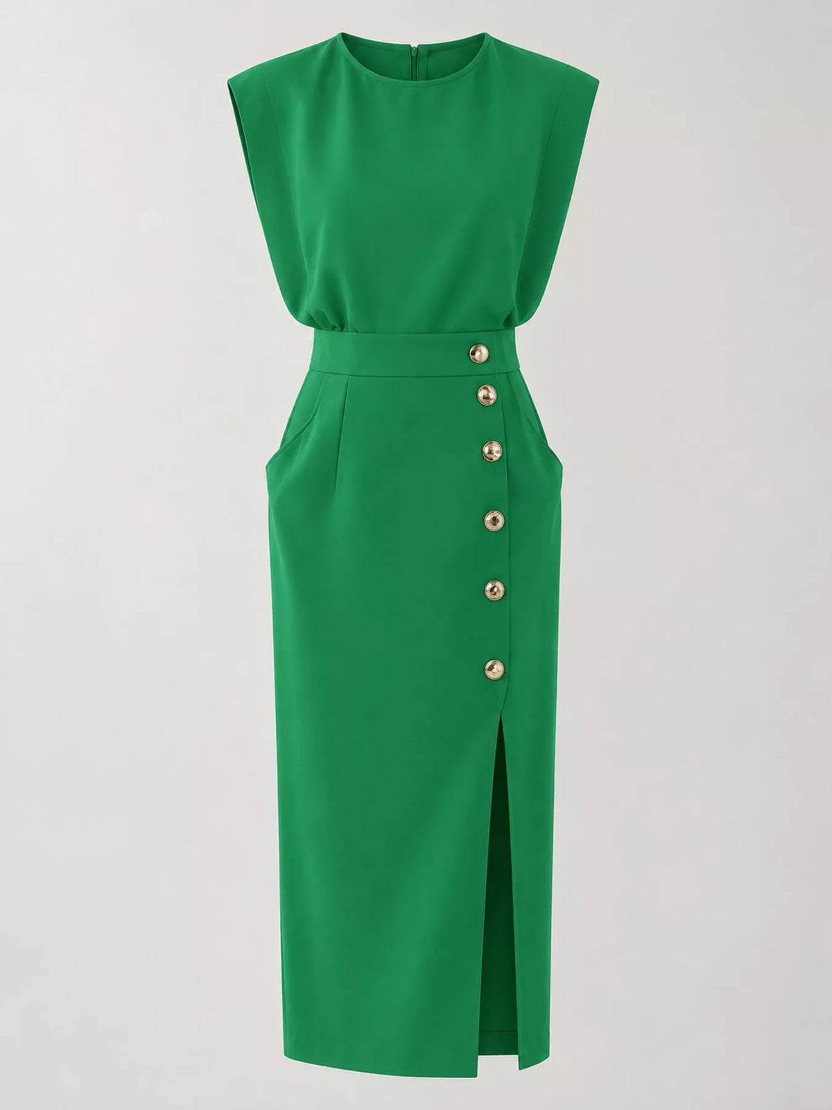 Sleeveless Gold-Tone Button-Detail Midi Dress