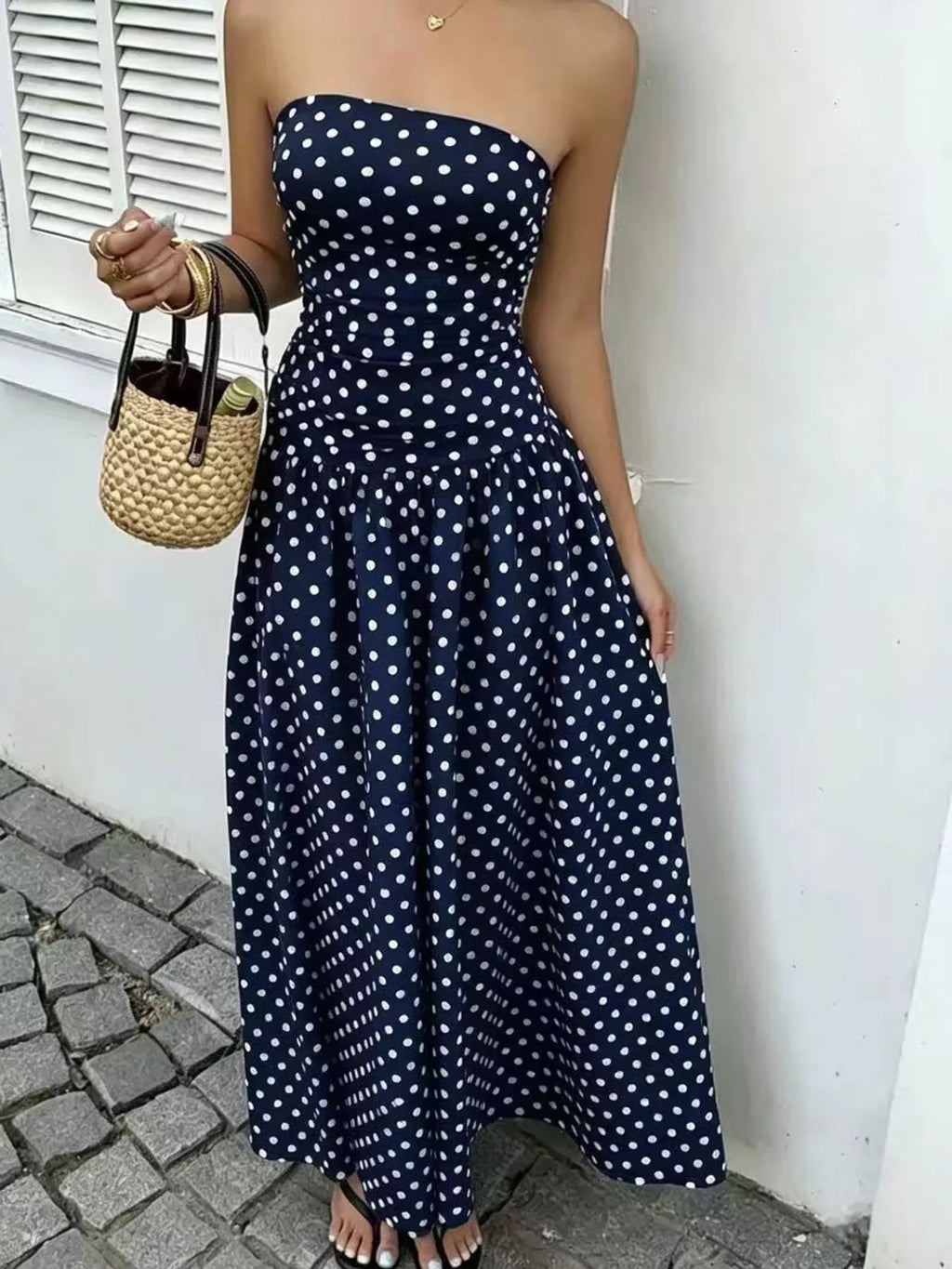 Strapless Polka-Dot Ruched Maxi Dress, S–2XL