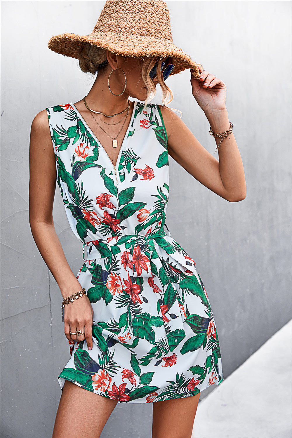 Printed Zip-Detail Belted Sleeveless Mini Dress