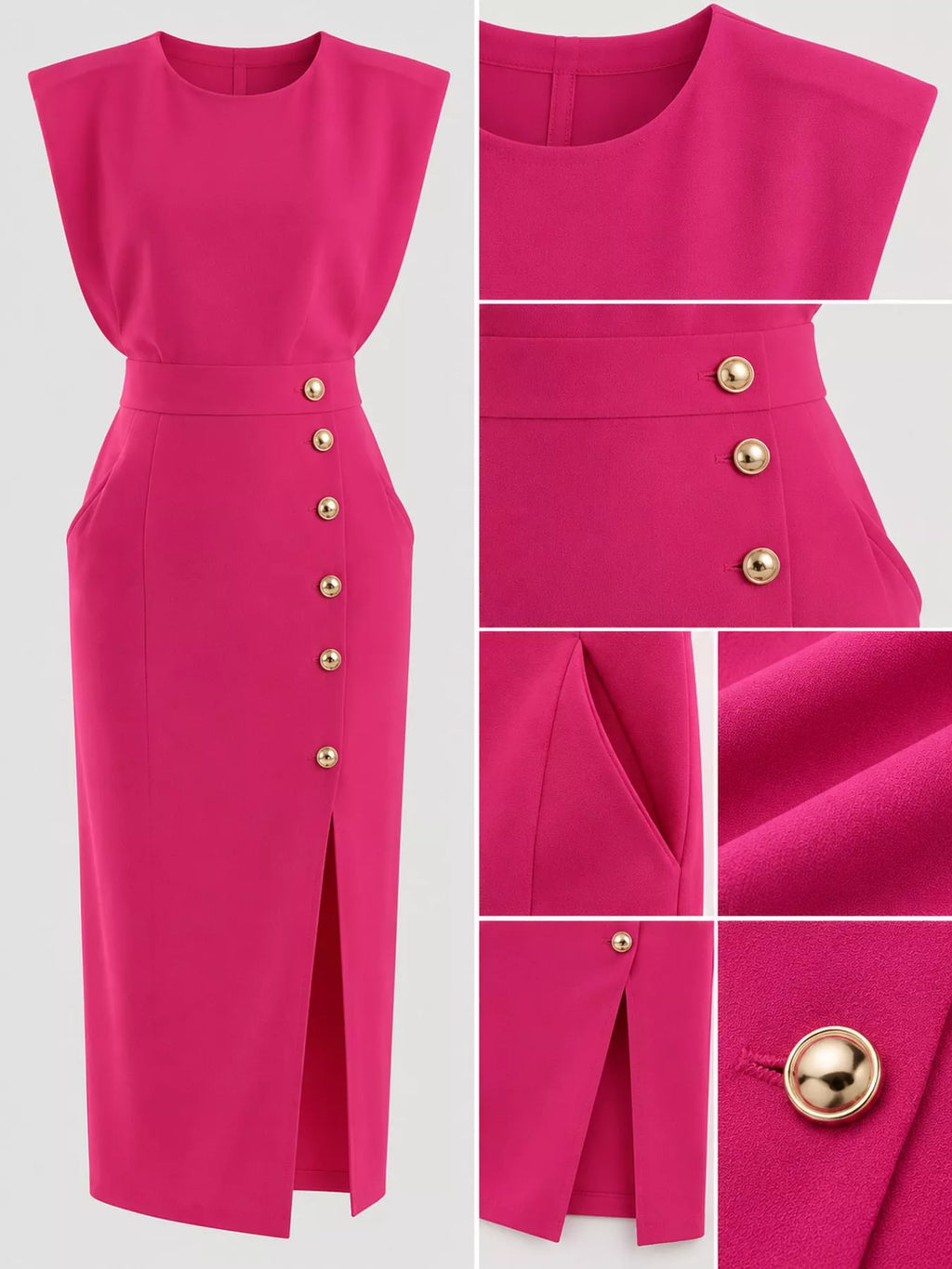 Sleeveless Gold-Tone Button-Detail Midi Dress
