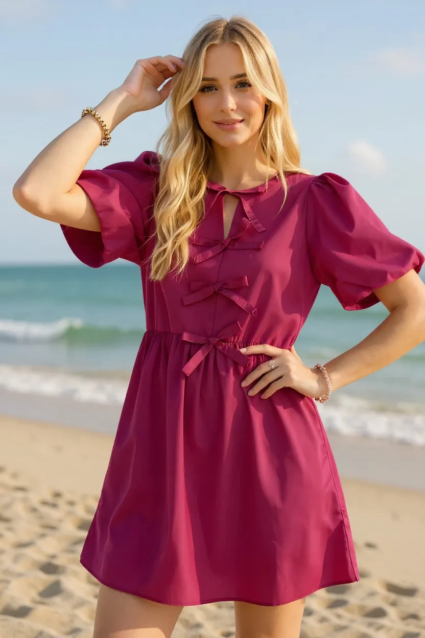 Cerise Bow-Detail Puff-Sleeve Cotton Mini Dress